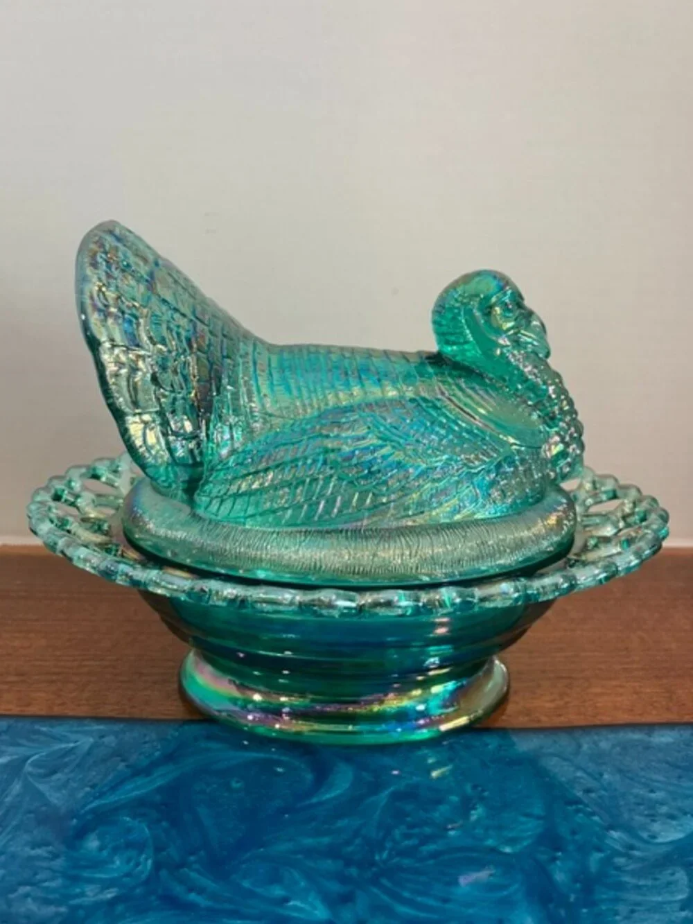 Mosser Teal Carnival Large Turkey On Nest Covered Dish MINT!  Stunning Color!